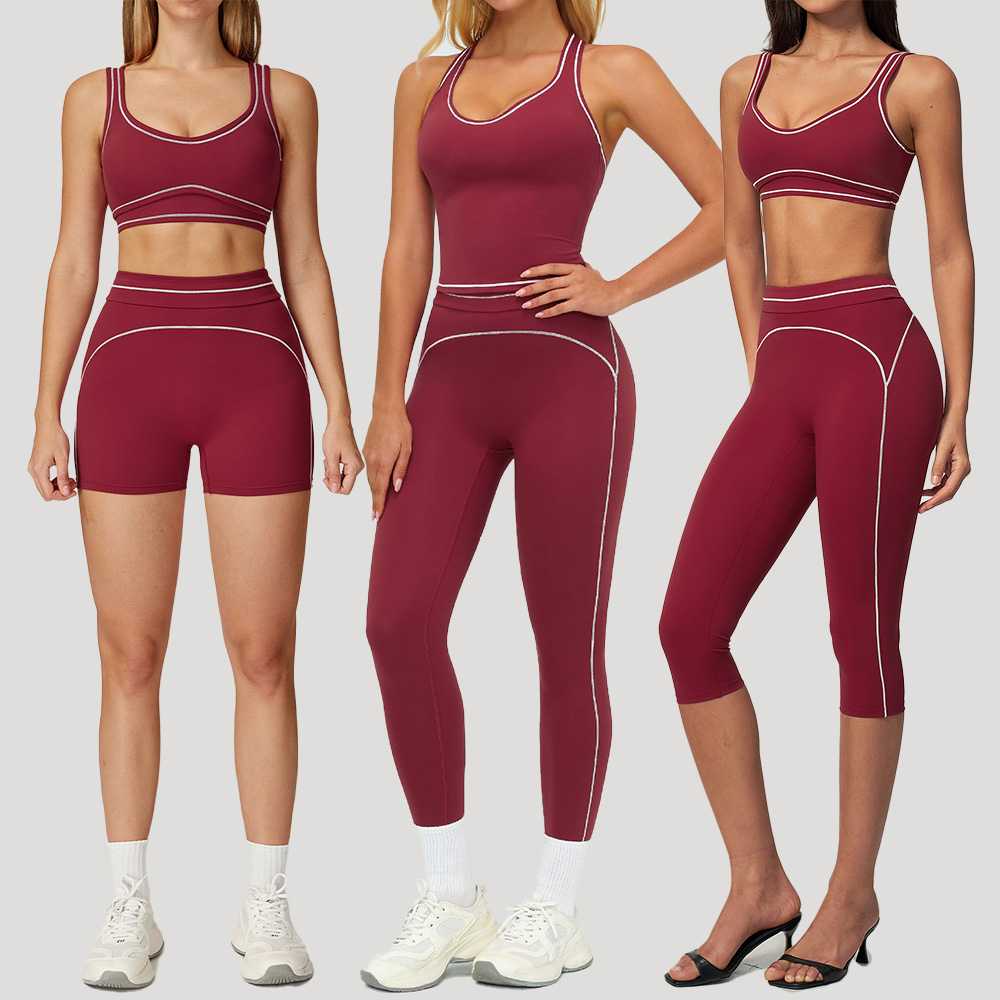 Women's Contrast-Color Yoga Suit Fitness Sports Bra Sculpt Pants Athletic Vest Shorts Workout Wear Set