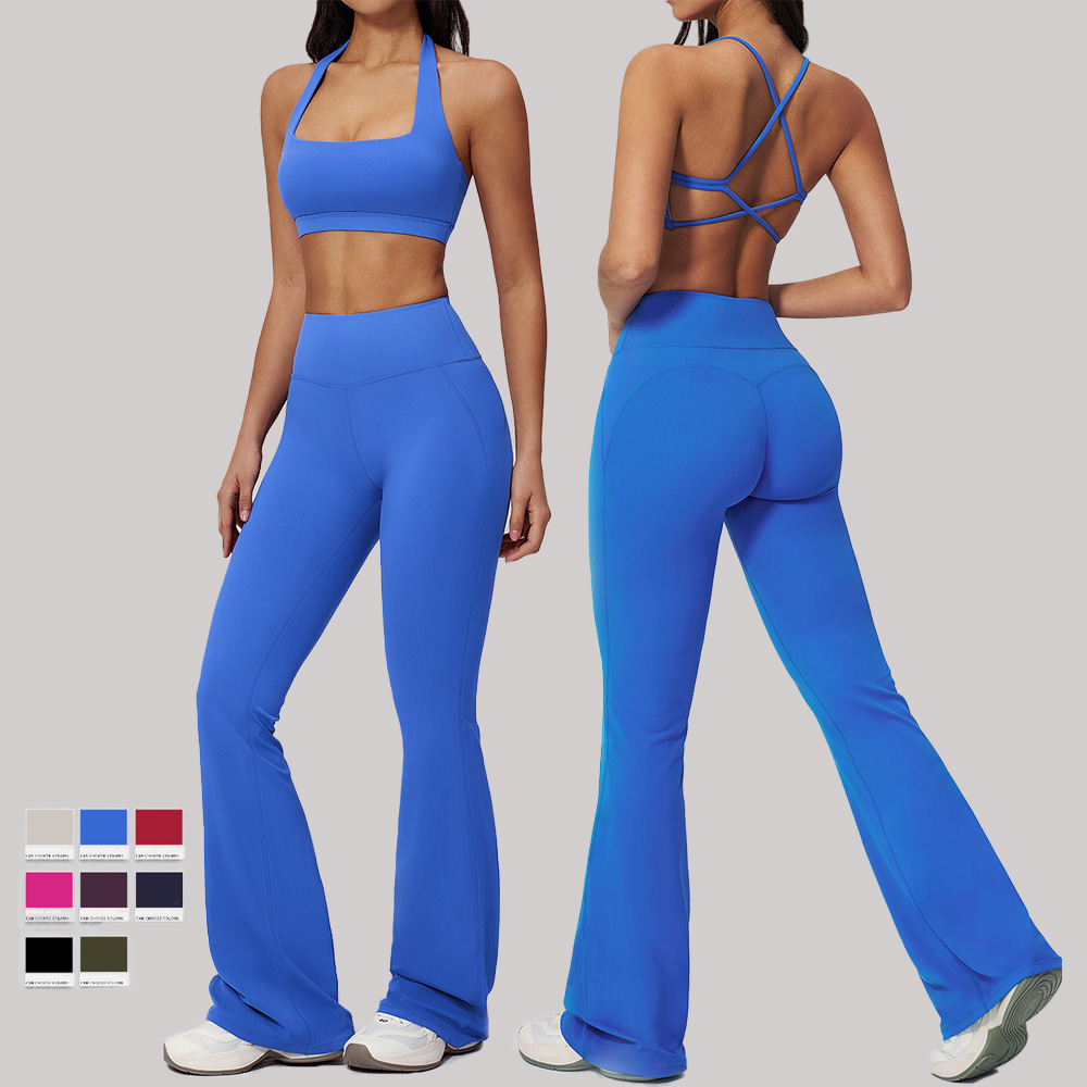 Wholesale Custom Logo Women's Sports Halter-Neck Bra Set Active Wear Tight-Fitting Fitness Outfit Slightly Flared Yoga Set