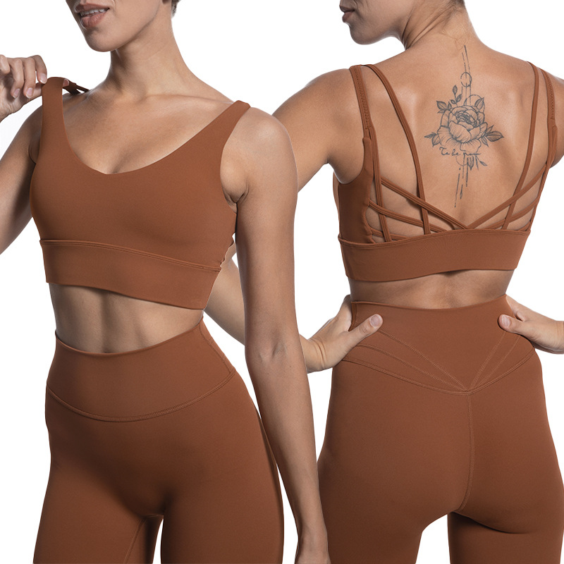 Wholesale LULU Style Cross-border Nylon Nude Body Yoga Wear Sexy Beautiful Back Bra Sports Pants Set